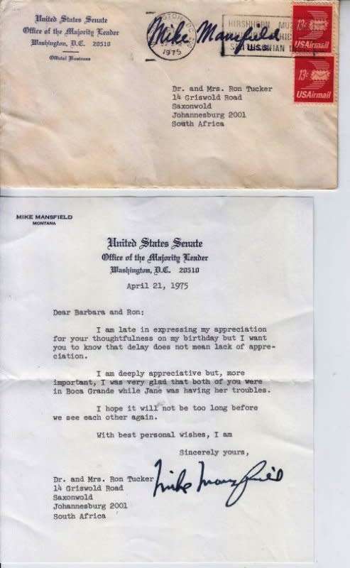 USA,1975 letter from Mike Mansfield (US Senate) to Dr Ron Tucker