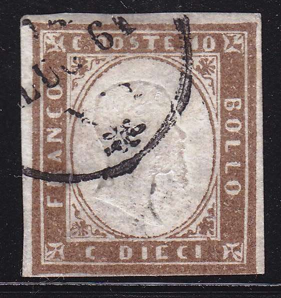 Italy,Sardinia,1855/63,FU,King Victor Emmanuel,10c Bister,Imperf.