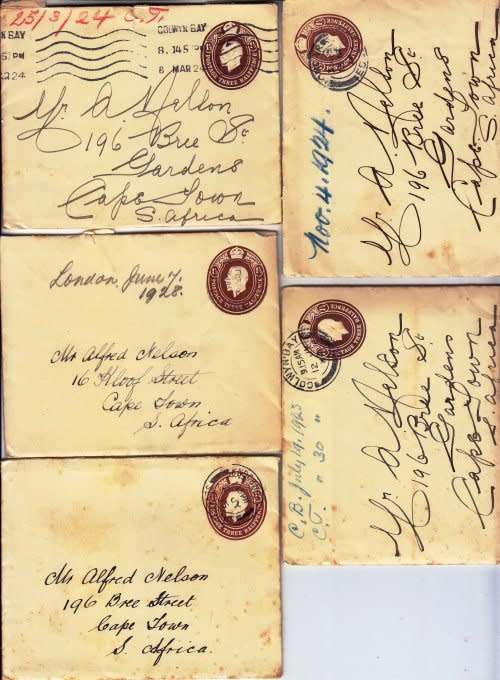 KGV,1924 - 7 Covers from England to Cape Town, Excellent value!
