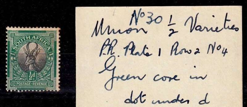 Union of South Africa, Scott #23,1926,Variety,Green core in dot under d