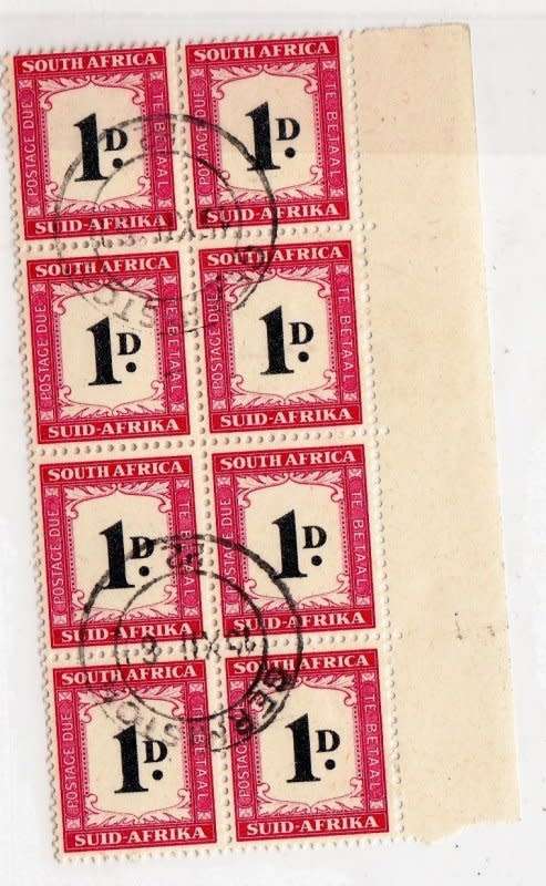 Union of South Africa, Scott #J23,MNH,1927/28,A block of 8 stamps,CTO