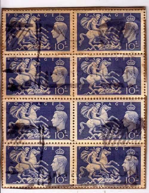 England, Scott #288,1951,KGVI,Used,Block of 8 on paper,CV$40.00