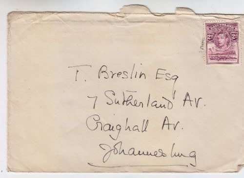 Great Britain,Basutoland,Scott #21,1938,Entire to Johannesburg