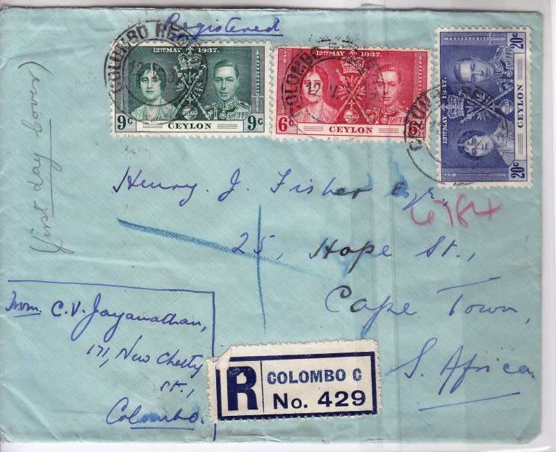 Great Britain,Registered FDC from Ceylon to South Africa,1937