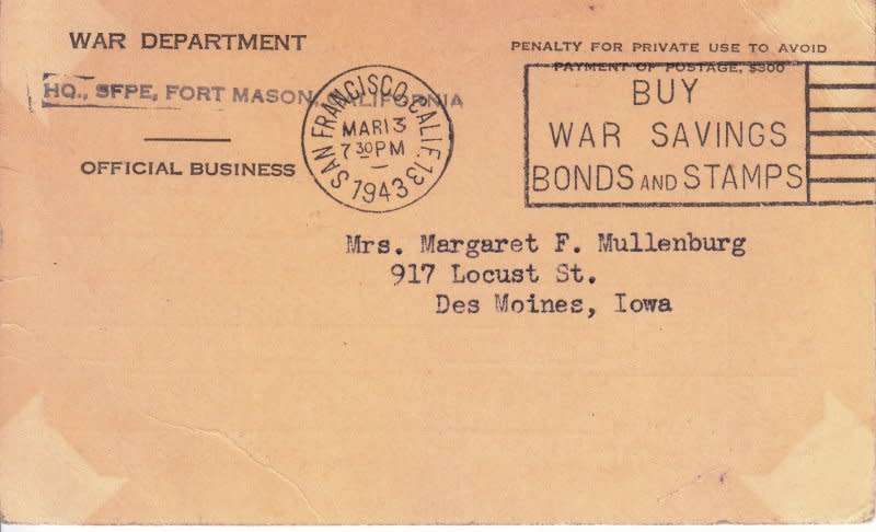 United States,US War Dept., 4 X Official Letters,1943, WWII