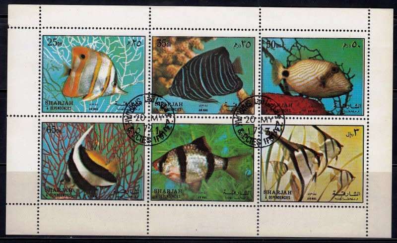 Oman,Sharjah,1972,MNH,Sheet of 6 stamps,Fish on stamps,CTO