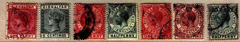 Great Britain,Gibraltar,Scott #11,29 MH,51,66,67,78a,MR1,starting 1886,VFU,CV$12.00