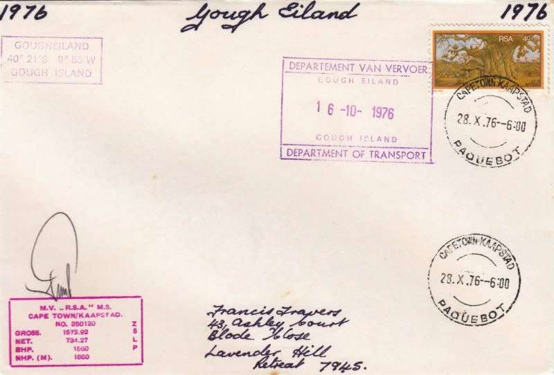 RSA,Scott #461,1976,Special cover from Gough Island,Boat,mail,signed