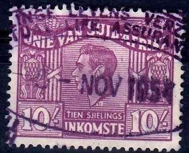 South Africa,UNION,1951,Used,REVENUE,10s,crease on back,not visiable from front