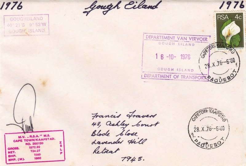 RSA, Scott #411,1976,Special cover from Gough Island,Boat mail,signed