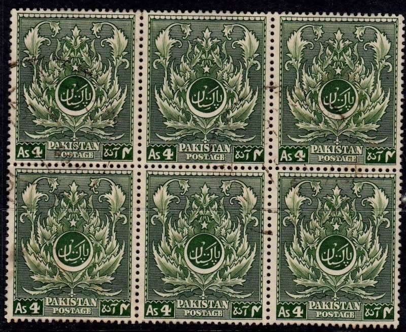Pakistan, Scott #58,1951,MNH,toning on back of one stamp,CV$10.00 block of 6 stamps