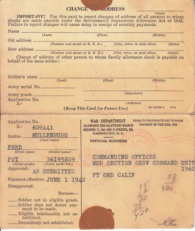 USA, US War Dept., Official Letter, 1942?