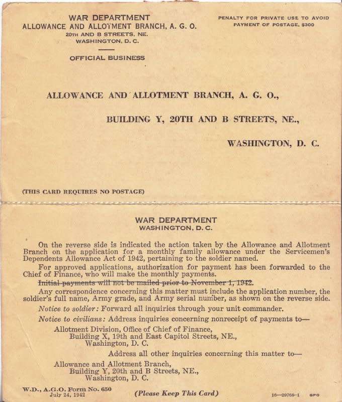 USA, US War Dept., Official Letter, 1942?