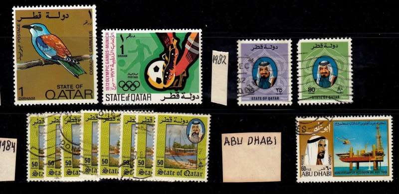 Qatar,MNH,Scott #279,303,1972,&VFU,#620,622,653,&Abu Dhabi,#53.1969,VFU, CV$12.00