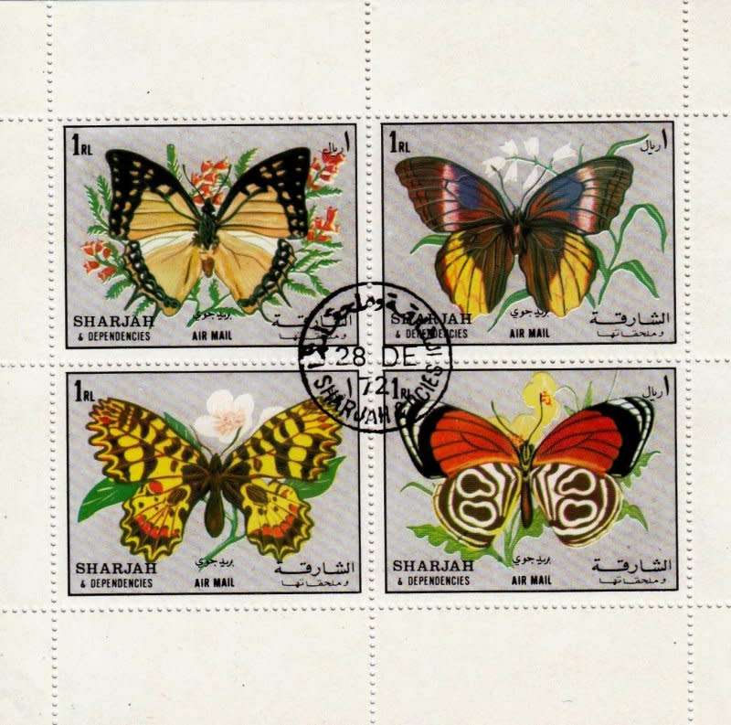 Oman,Sharjah,1972,MNH,Sheet of 4 stamps,Butterflies on stamps,CTO