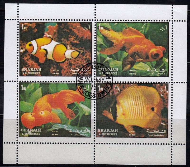 Oman,Sharjah,1972,MNH,Sheet of 4 stamps,Fish on stamps,CTO