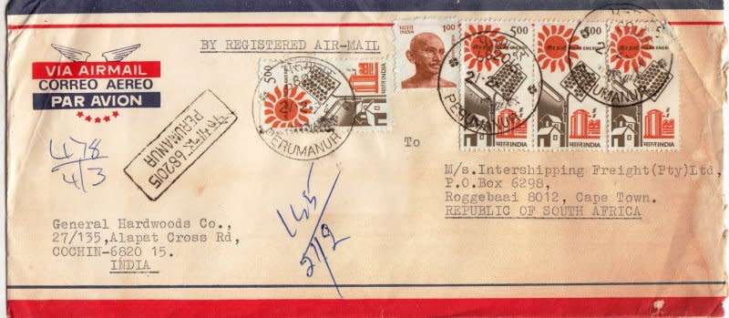 India,1994,Registered airmail cover to South Africa,Mahatma Gandhi