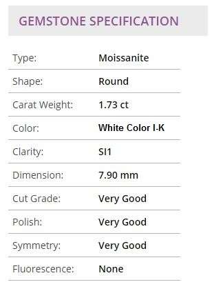 Beautiful 1.73 ct 7.90 mm White  color I-K Si1 Round Cut Moissanite