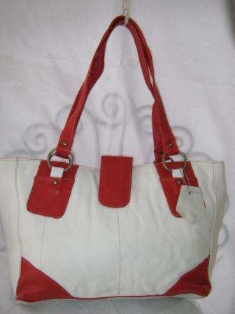 LARGE GENUINE LEATHER  CREAM AND RED HAND BAG