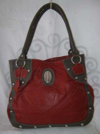 LARGE GENUINE LEATHER  RED AND BROWN HAND BAG