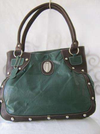 LARGE GENUINE LEATHER  GREEN AND DARK BROWN HAND BAG