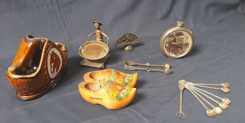 COLLECTION OF SILVERPLATED, BRASS, CERAMIC AND WOOD ORNAMENTS