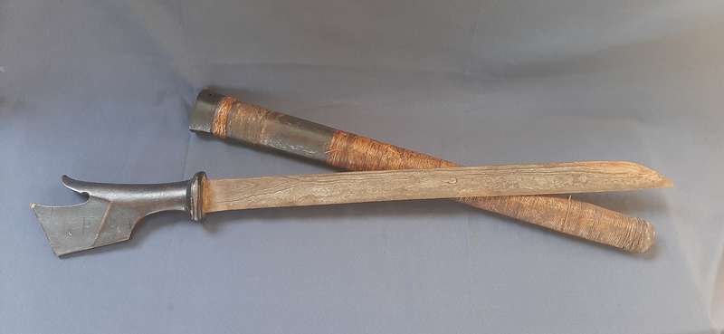 VINTAGE EASTERN DAMASCUS BLADE SWORD WITH WOODEN HANDLE AND SCABBARD