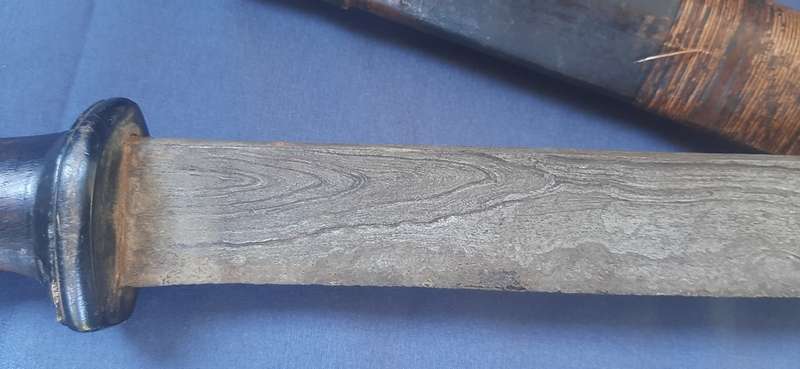 VINTAGE EASTERN DAMASCUS BLADE SWORD WITH WOODEN HANDLE AND SCABBARD