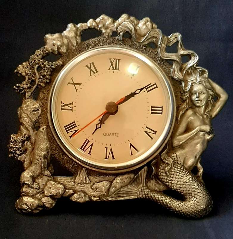 MERMAID DESIGN PEWTER DESK / TABLE CLOCK