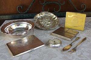 State express cigarette tin - cigarette cases - silver plate dishes - pocket watch - fork and knife