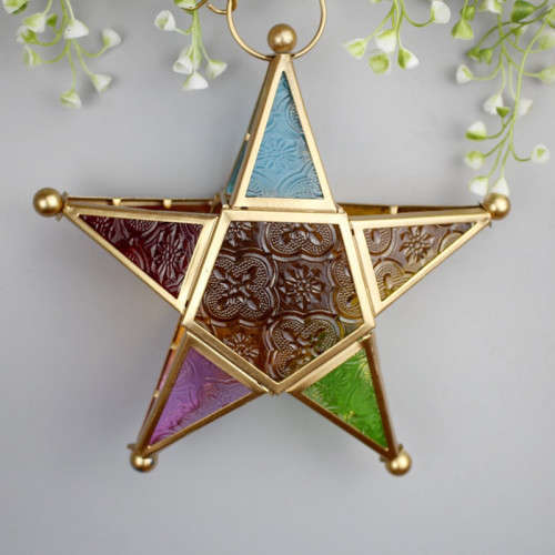 Moroccan Style Stained Glass Wind Lamp Candle Holder - Gold