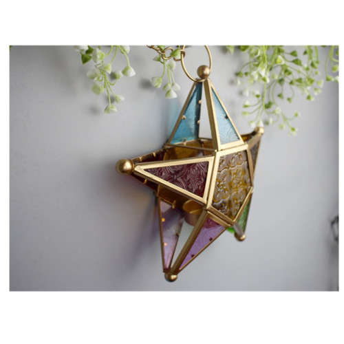 Moroccan Style Stained Glass Wind Lamp Candle Holder - Gold