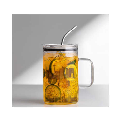 Ins Large Capacity Cup with Lid and Straw Set - Black City