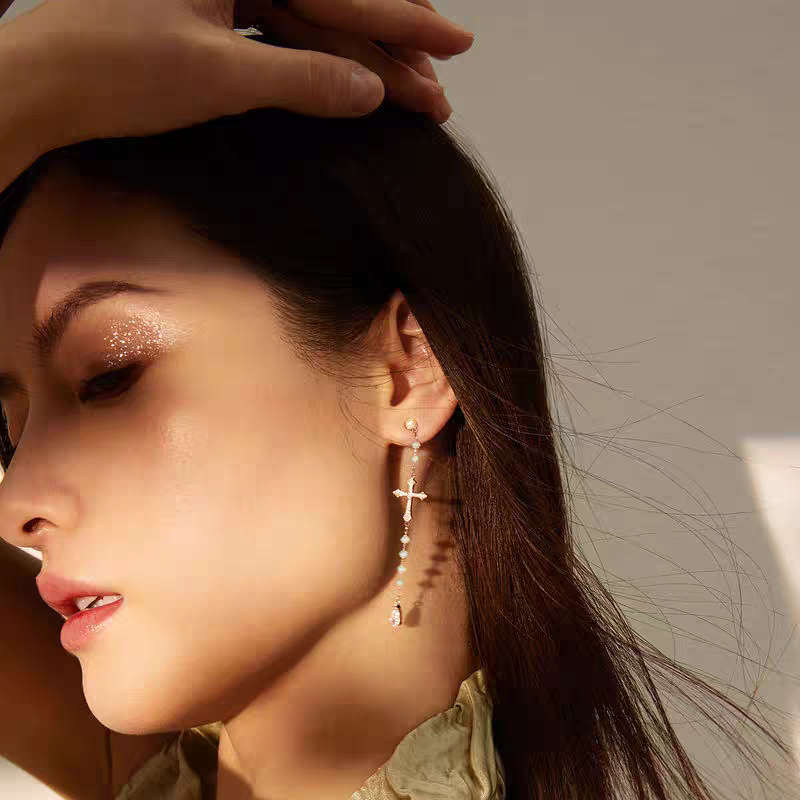 Champagne Asymmetric Cross Tassel Earrings