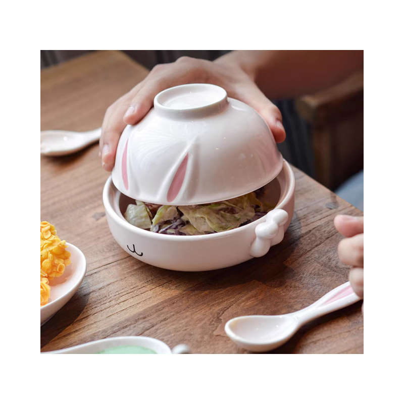 Rabbit shaped double bowl with fork and spoon