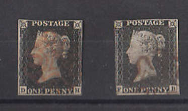 CV++R4 500.00 4 tight margined penny black with red MC cancellation + 1 Damaged one.