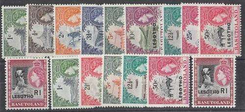 Both Printings of the QEII Lesotho overprint Basutoland. Sets are MM