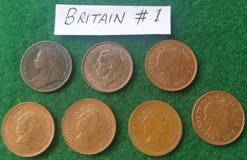 2 x British farthings and 5 x one pennies