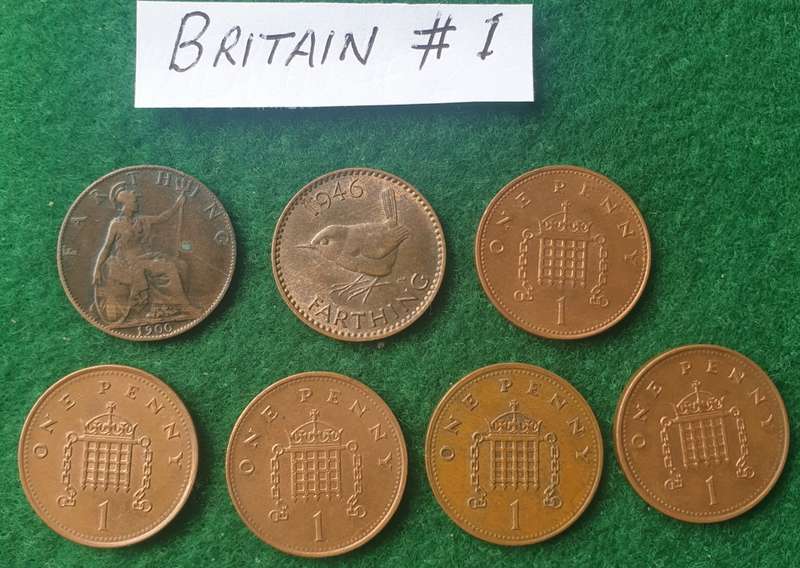 2 x British farthings and 5 x one pennies