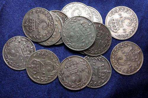 1937-1940 Group(15) of King George VI Silver 3 pences