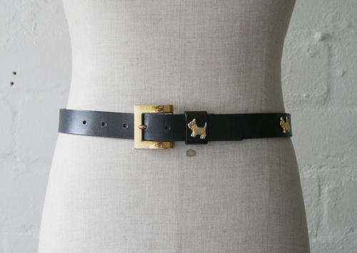 VINTAGE BLACK GENUINE LEATHER BELT WITH GOLD SCOTTISH TERRIERS
