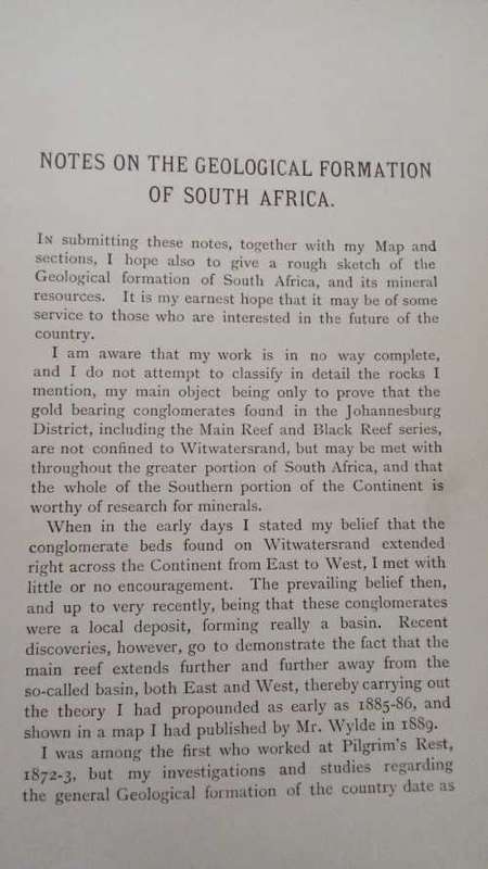 Geological  Formation of  South Africa  by Fred Struben, Discoverer of the Rand Gold Fields (1896)