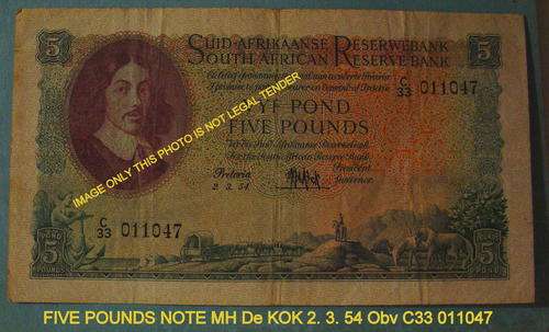 SA FIVE POUND NOTE DATED  2,3, 54 C33 MH DE KOCK