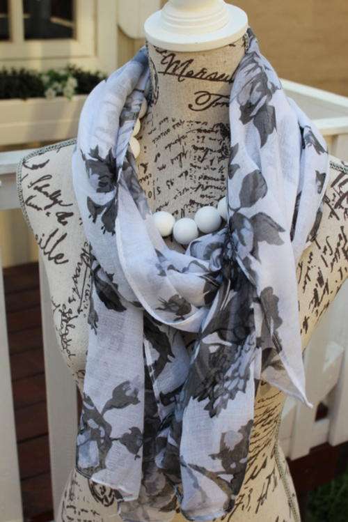 Grey and White Floral Scarf