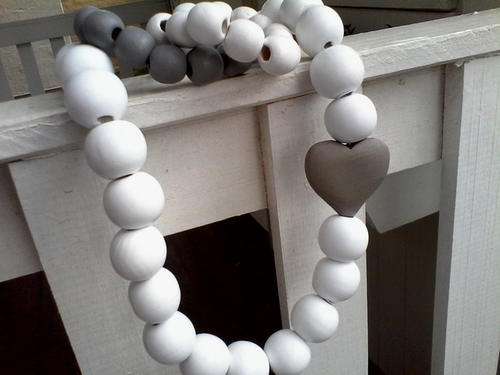 White Wooden Beads Necklace with Heart and double Bracelet Set