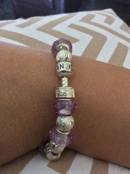 Pandora Charm bracelet 925 silver 4 Purple Charm Beads 6 silver