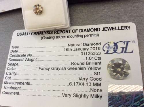 APPRAISED VALUE **$3232**1.01 CT CERTIFIED NATURAL FANCY GRAYISH GREENISH YELLOW ROUND CUT LOOSE DIA