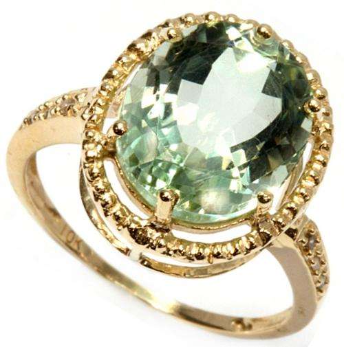 STUNNING 10K SOLID YELLOW GOLD GREEN AMETHYST AND DIAMOND RING!  3.600CTS!!!