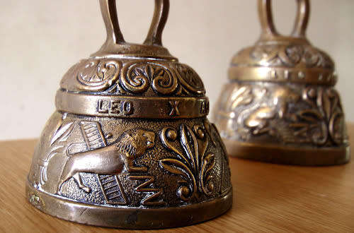 3 Victorian Ornate Peerage Solid Brass Sanctuary Church Bell Acnvs Pelicanvs Leo Aqvila, Patina, EUC