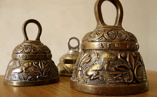 3 Victorian Ornate Peerage Solid Brass Sanctuary Church Bell Acnvs Pelicanvs Leo Aqvila, Patina, EUC
